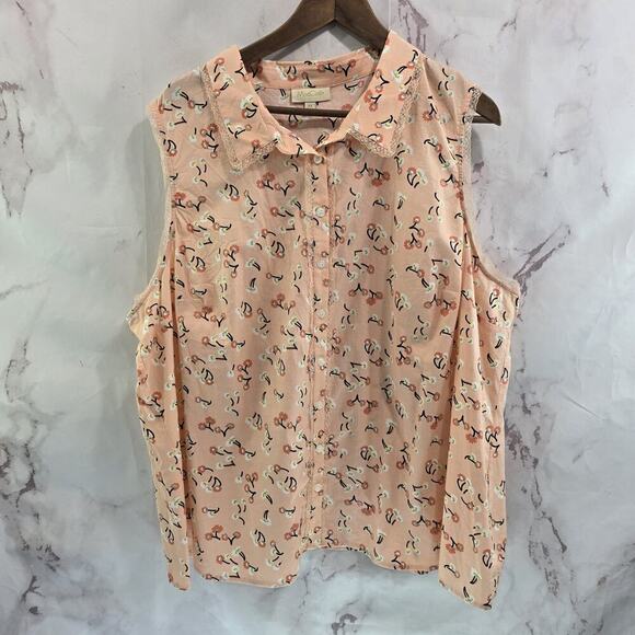 ModCloth Shirt Womens 3X Light Pink Tank Top Floral Button Up Cotton Mod Cloth - Picture 1 of 10